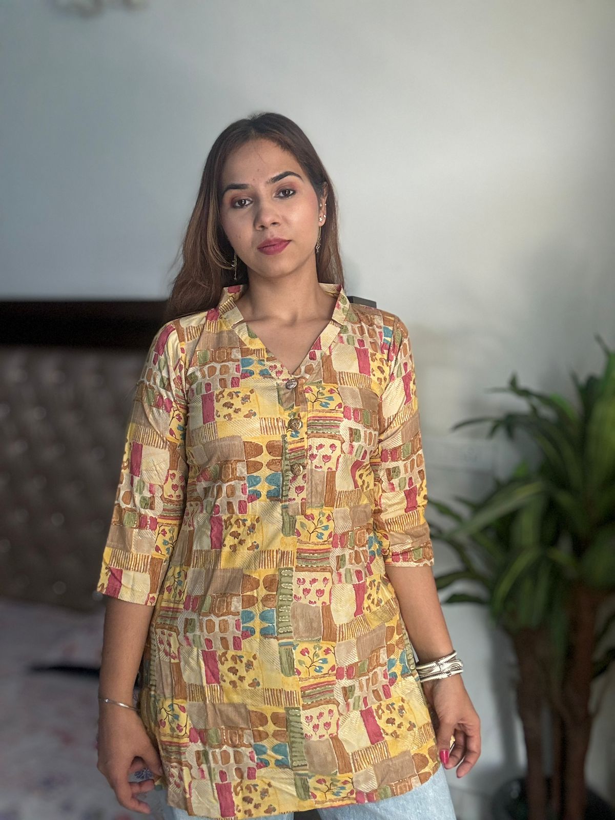 Yellow summer abstract print kurta