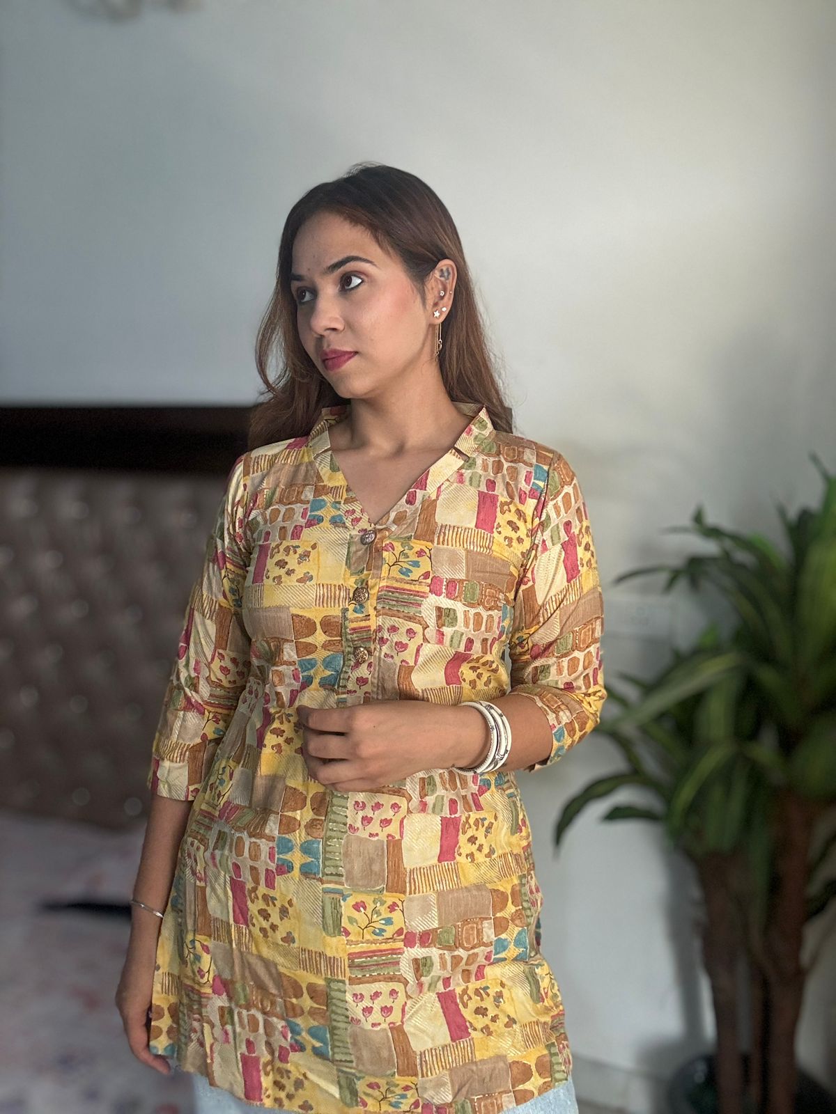 Yellow summer abstract print kurta