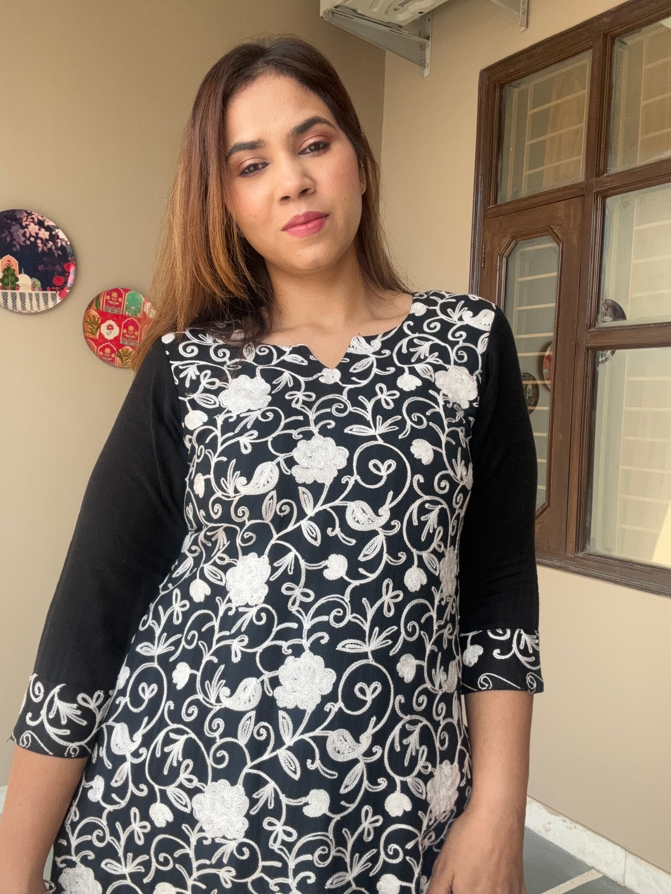 Cosy black and white full embroidered kurta