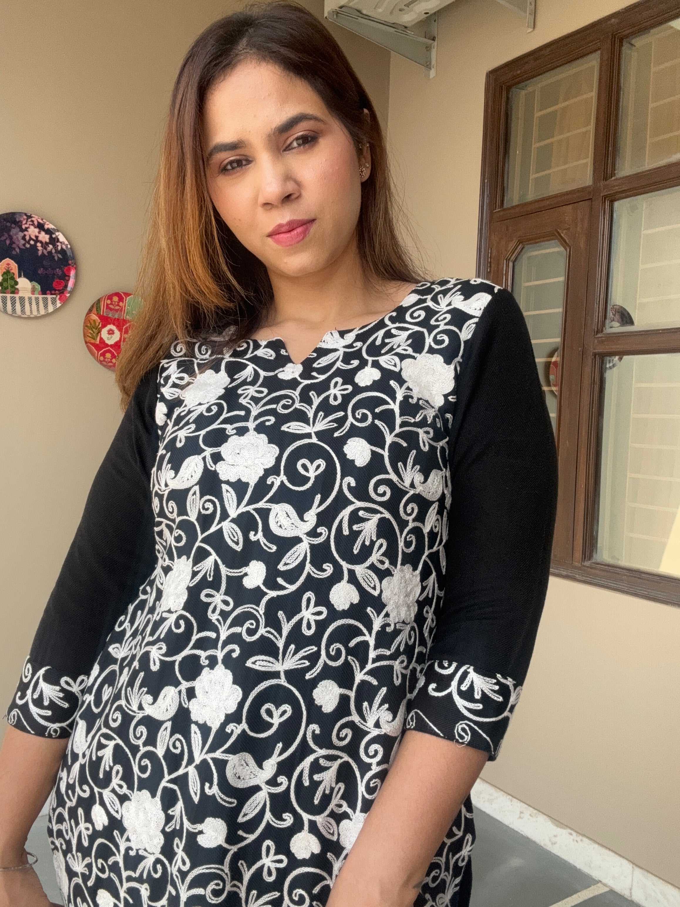 Cosy black and white full embroidered kurta