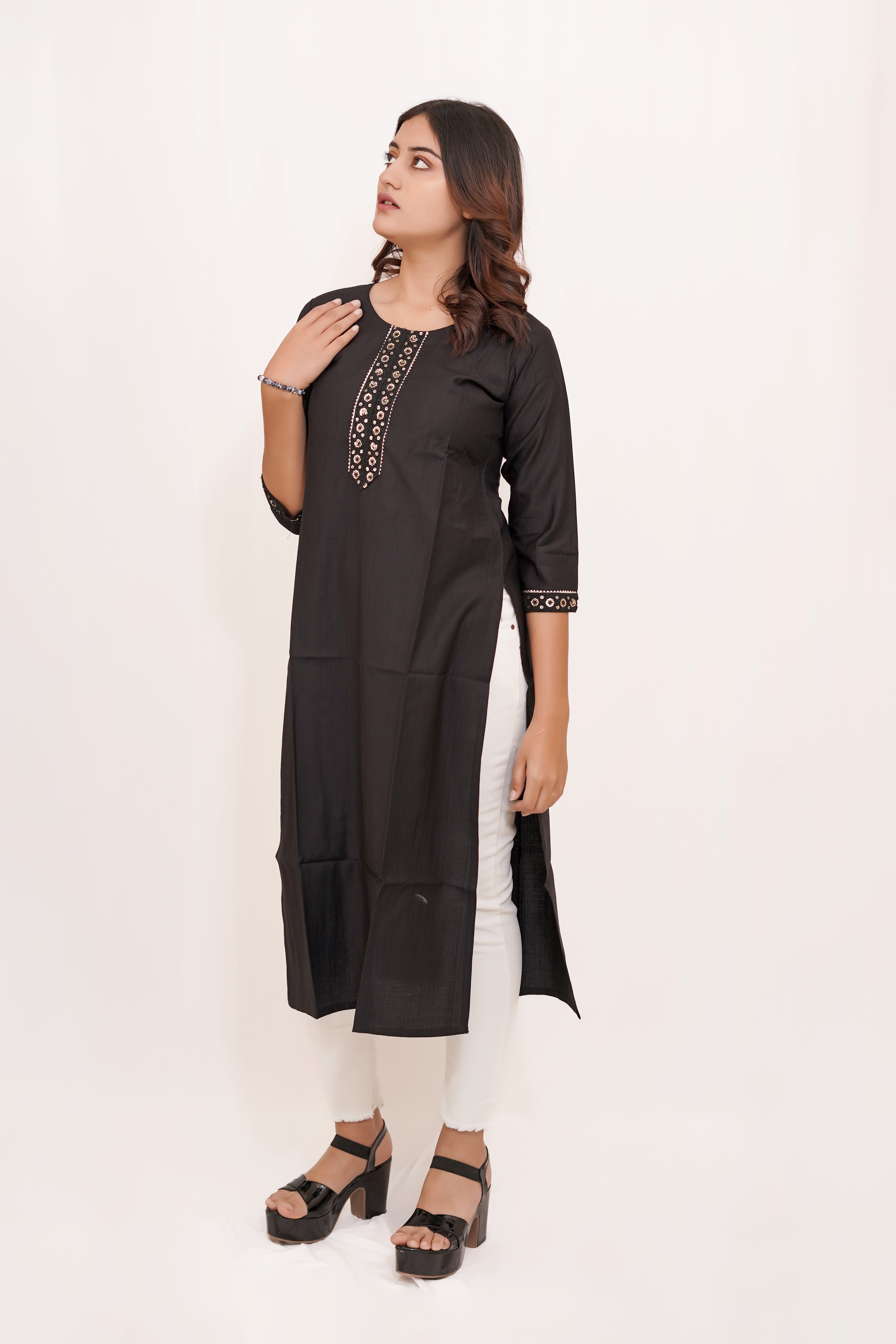 Black Long Kurta with Embroidered Neck