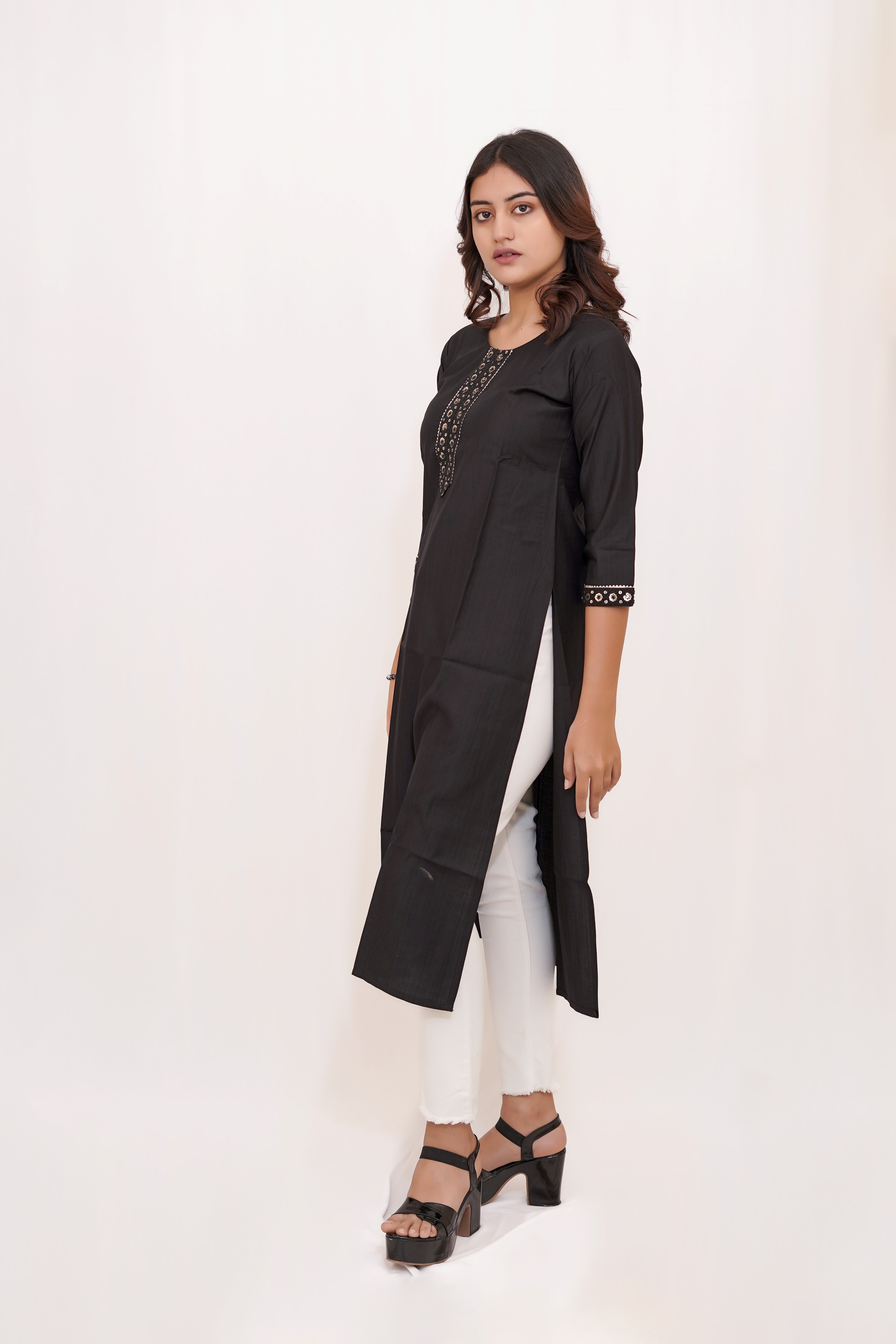 Black Long Kurta with Embroidered Neck