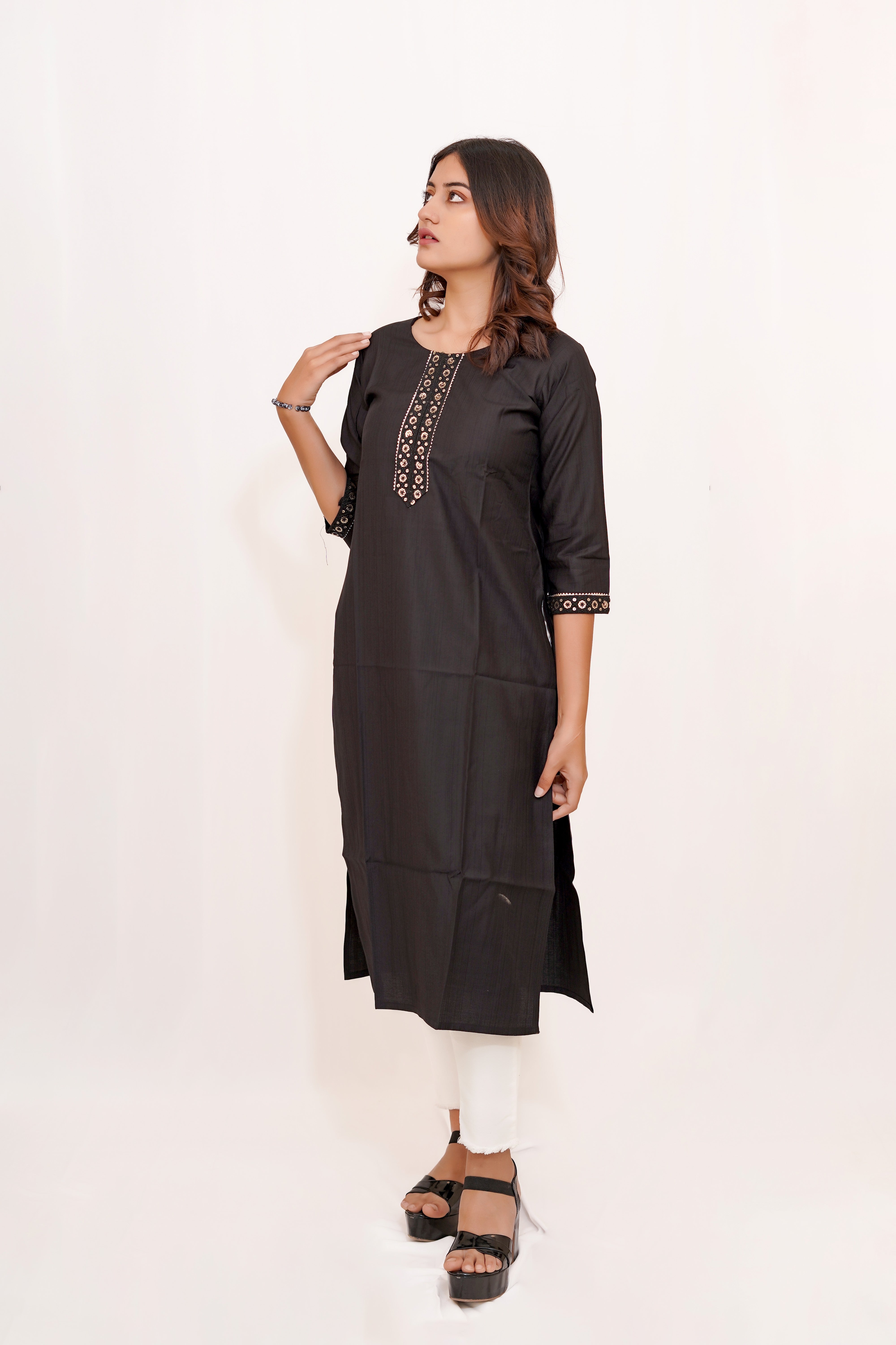 Black Long Kurta with Embroidered Neck