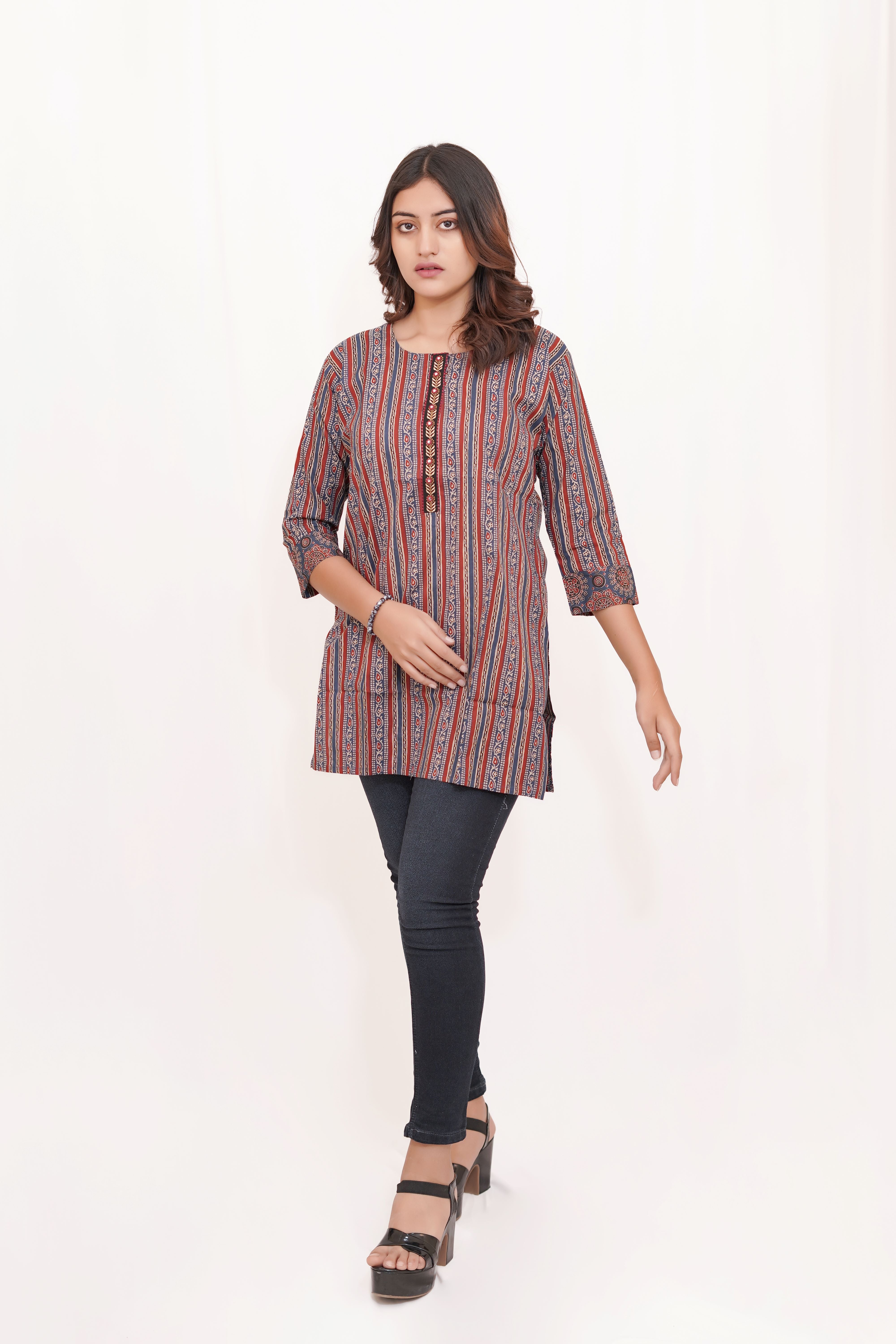 Red Striped Printed Short Kurta