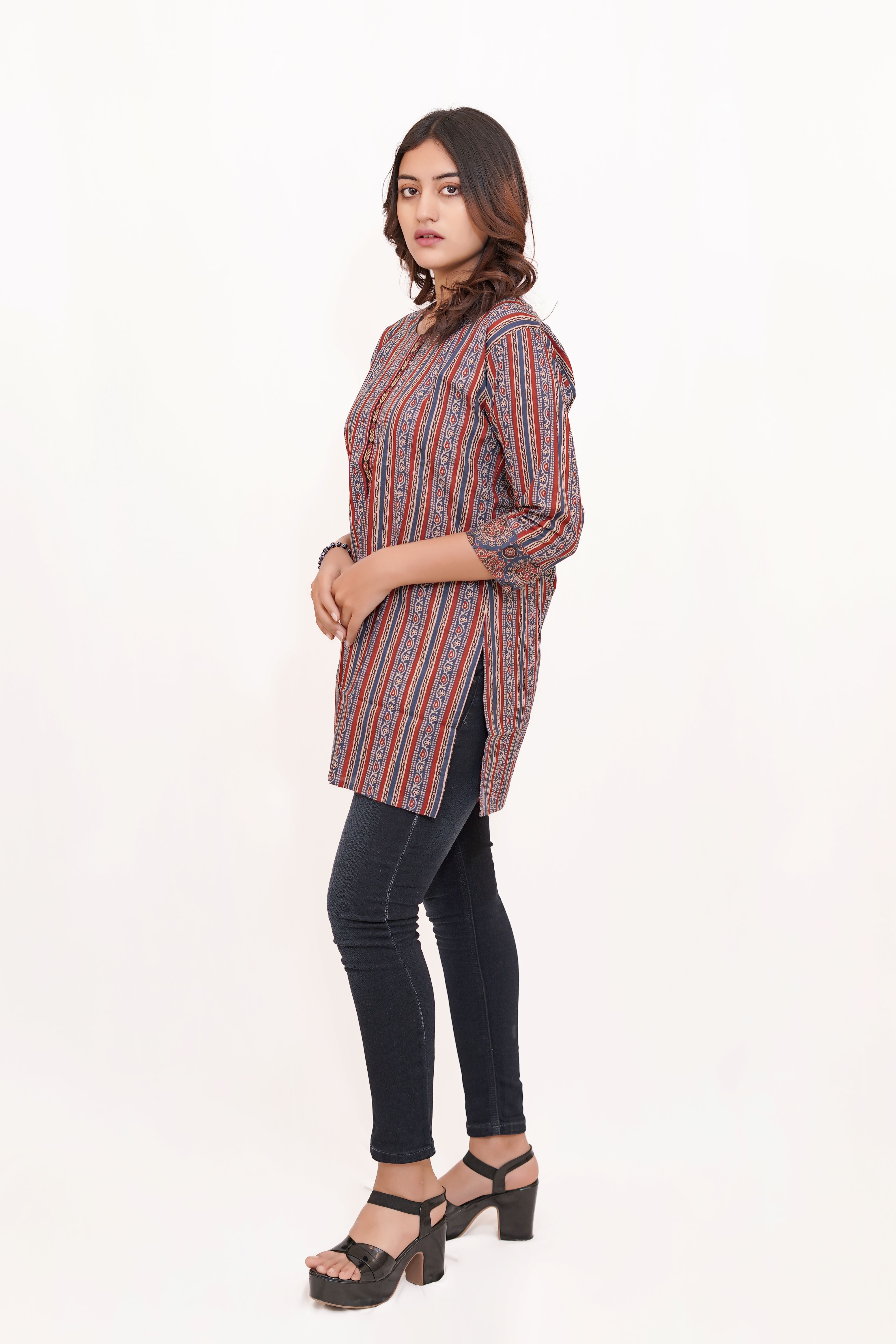 Red Striped Printed Short Kurta