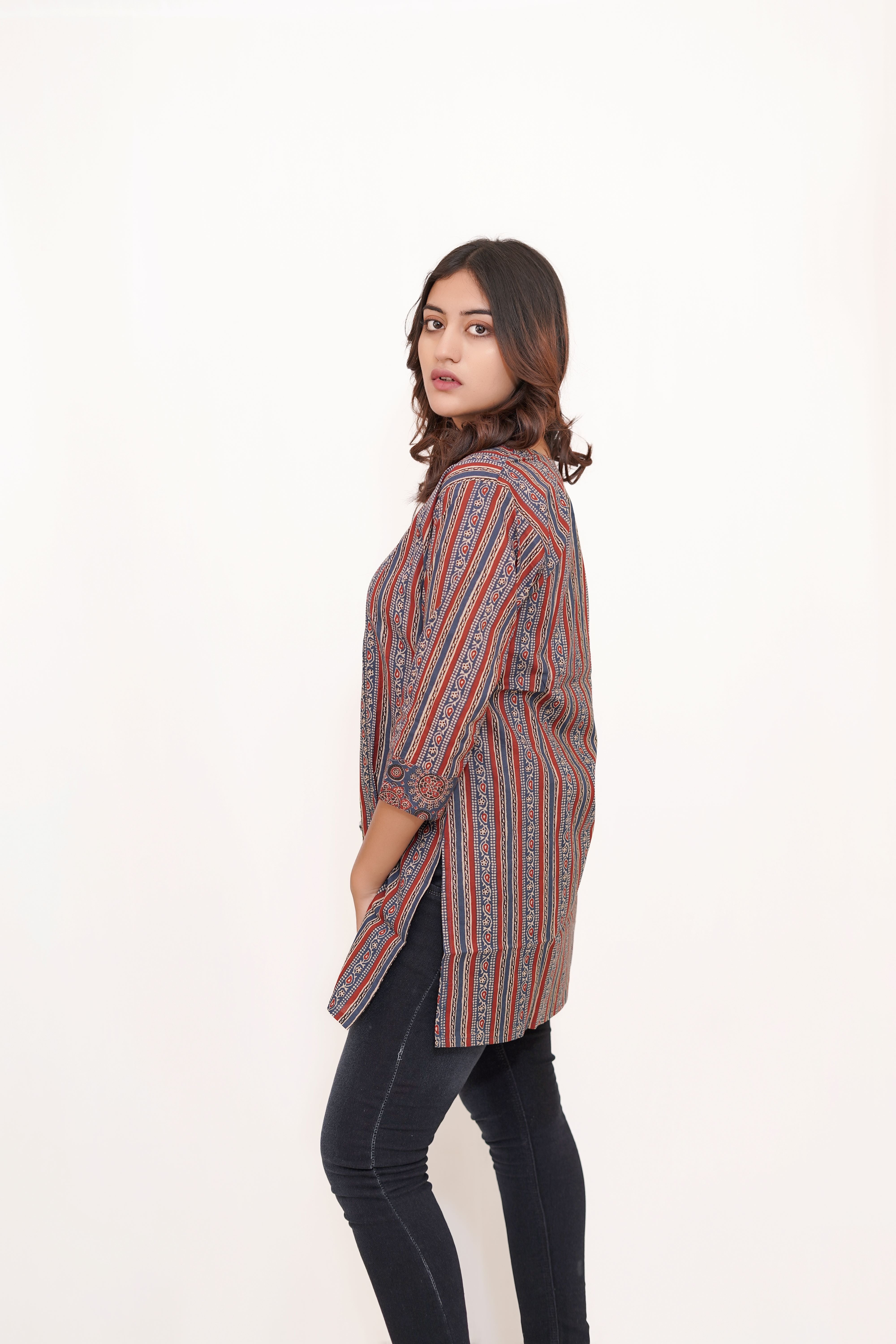 Red Striped Printed Short Kurta