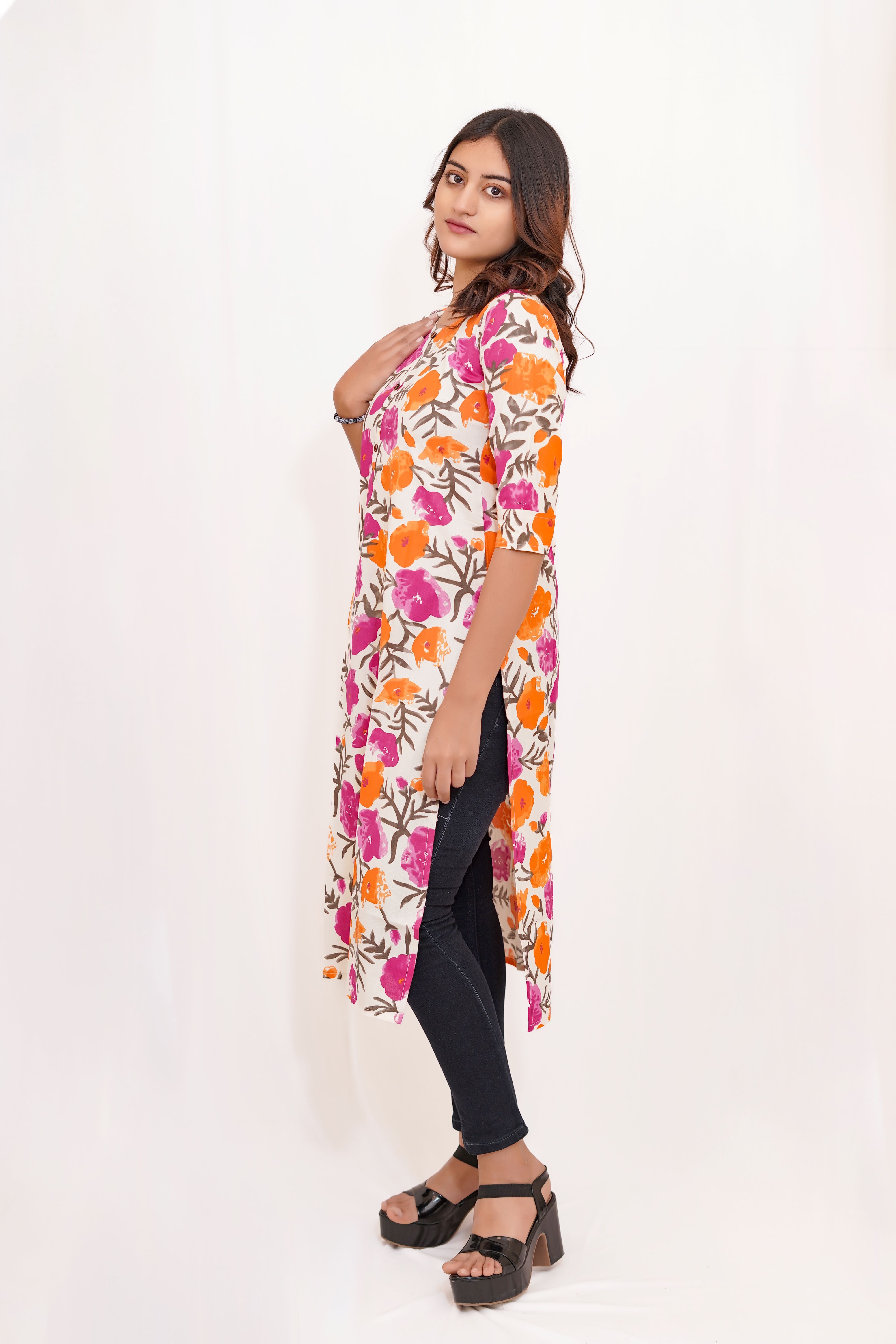 Pink and orange floral long kurta