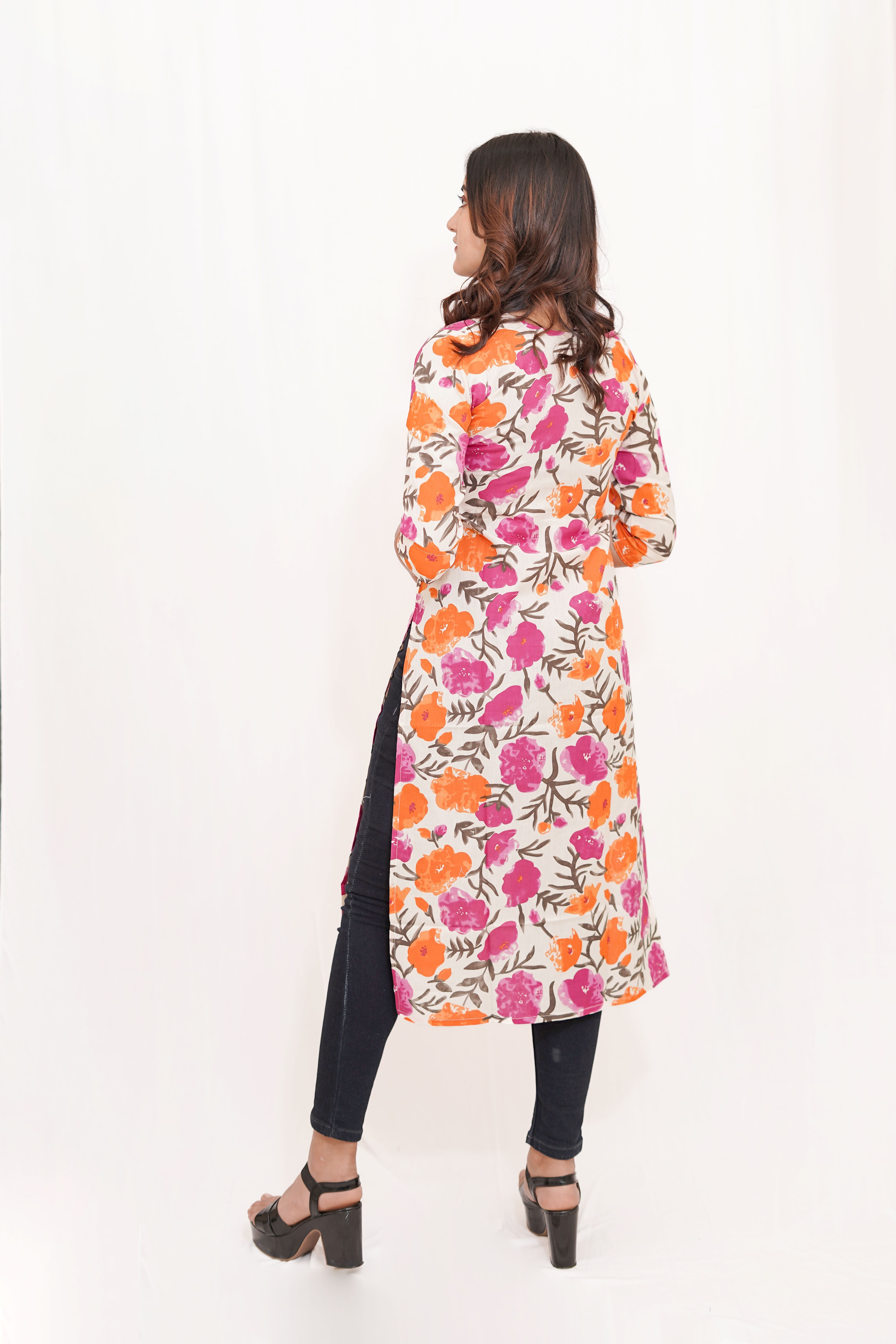 Pink and orange floral long kurta