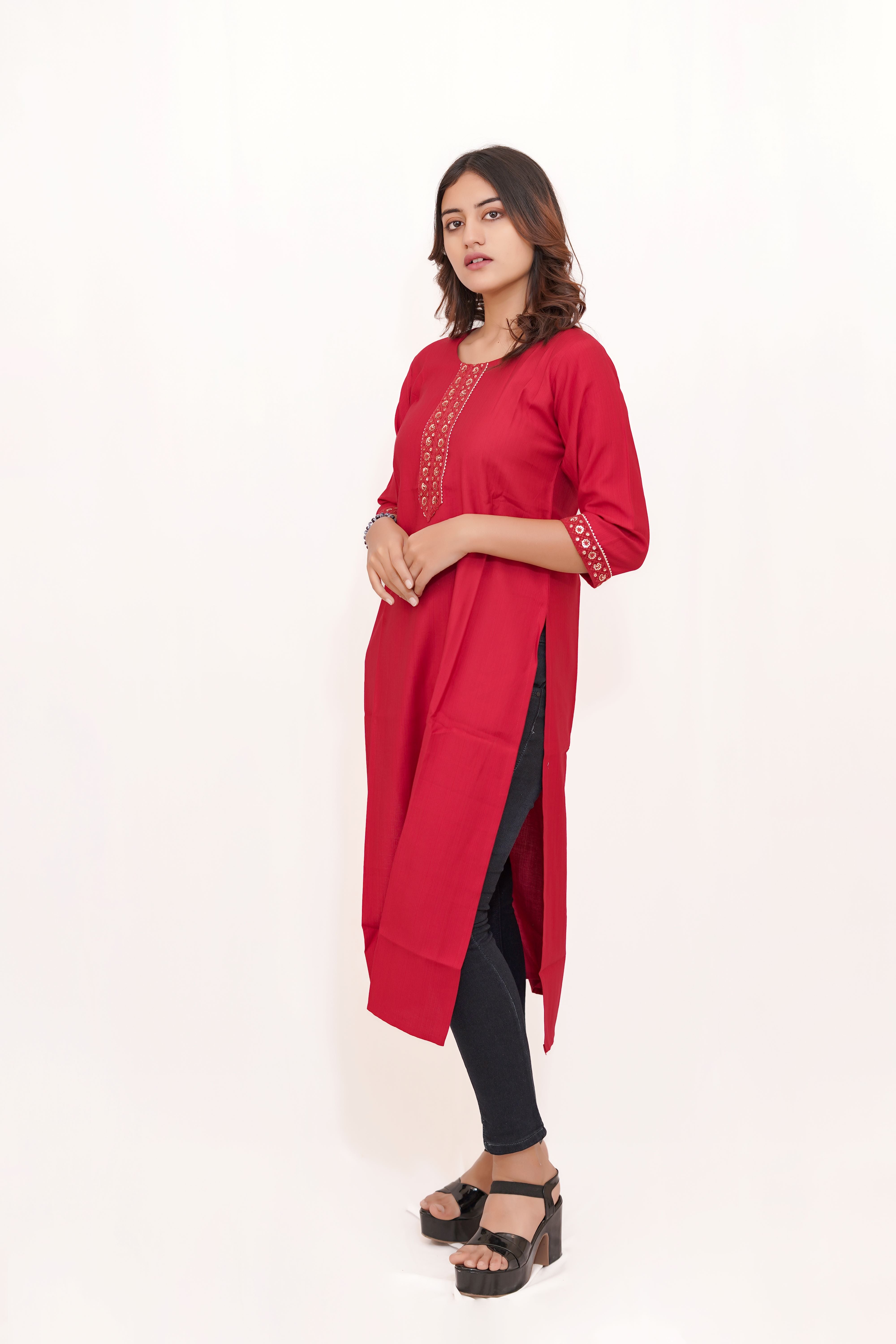 Red Long Kurta with Embroidered Neck