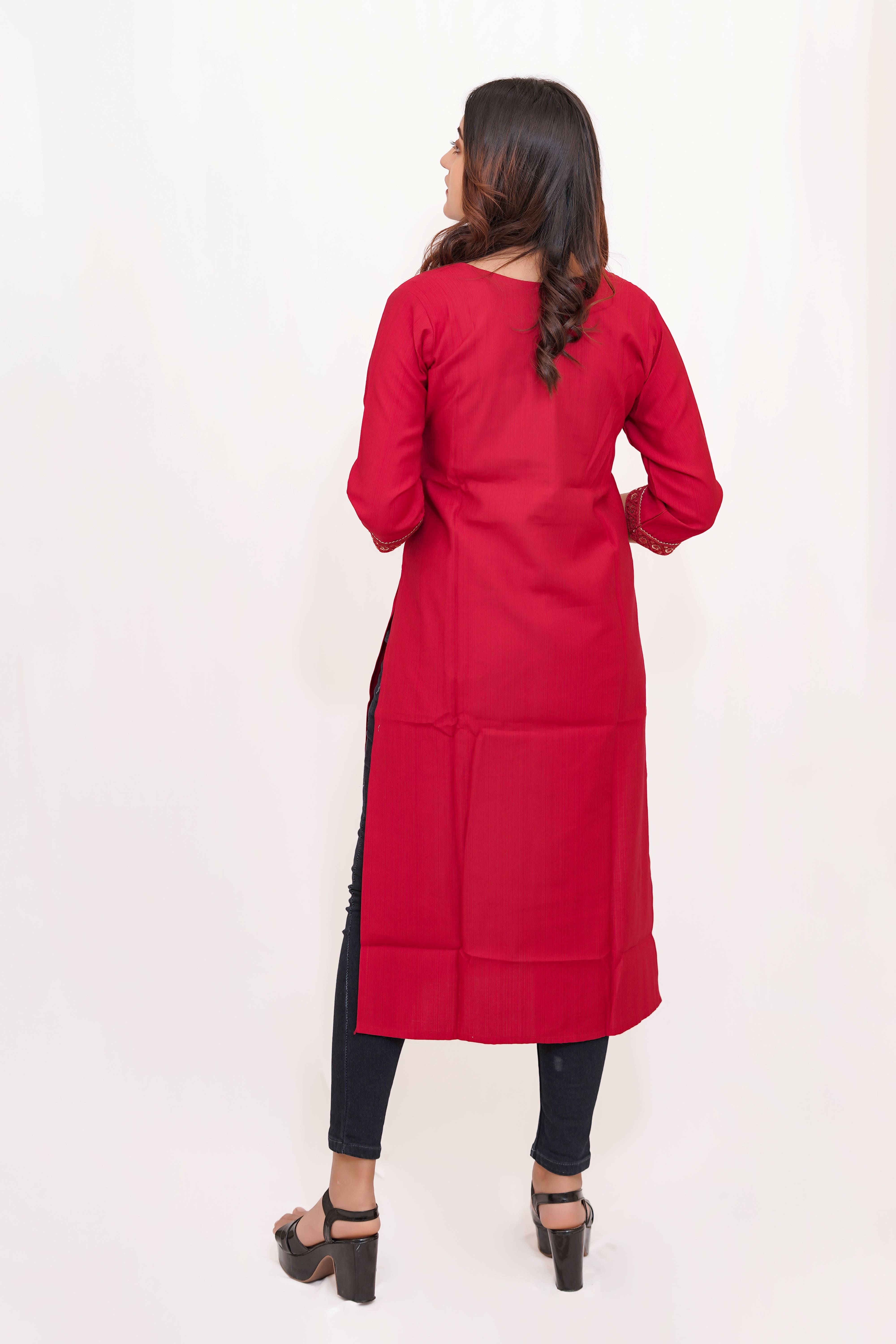 Red Long Kurta with Embroidered Neck