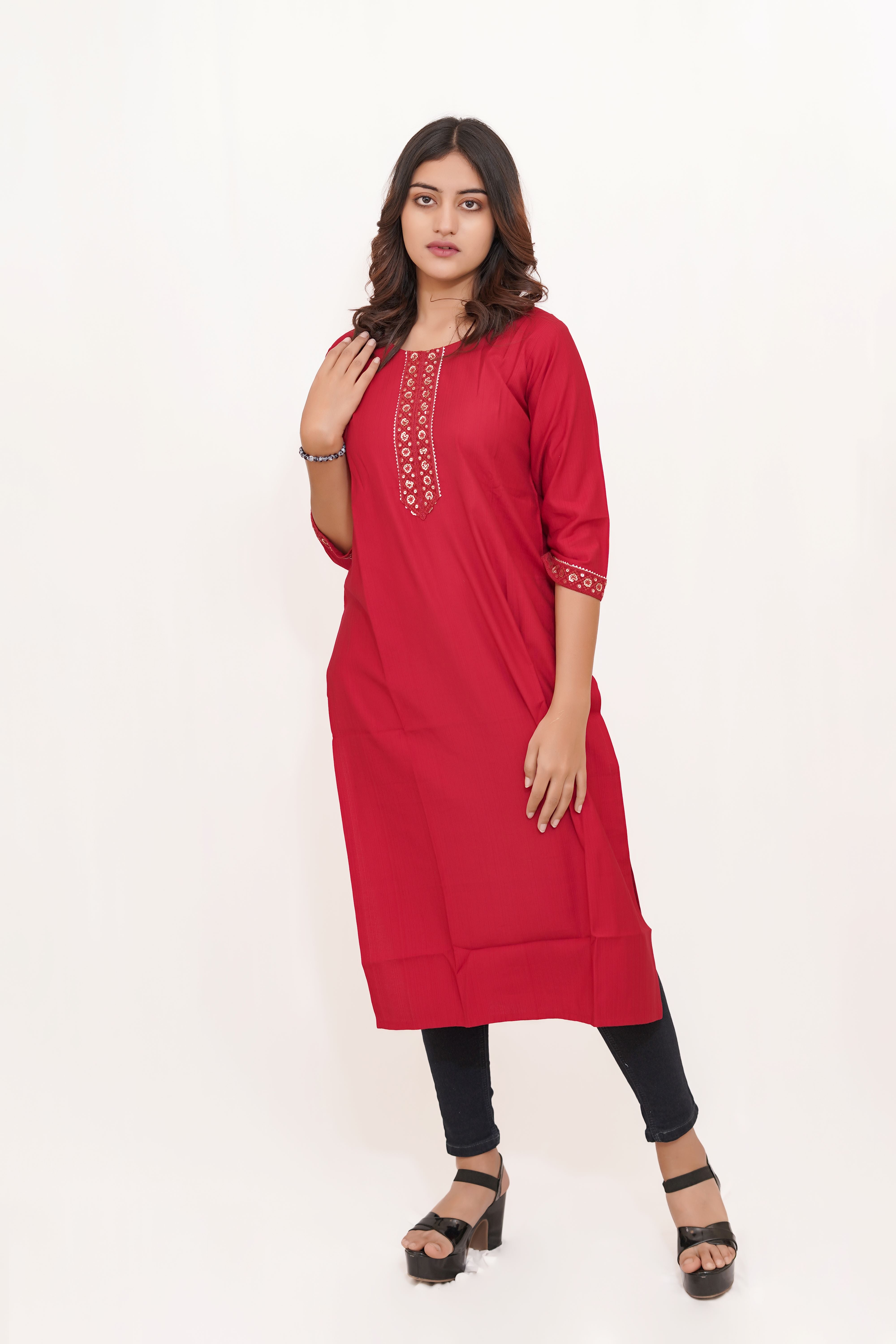 Red Long Kurta with Embroidered Neck