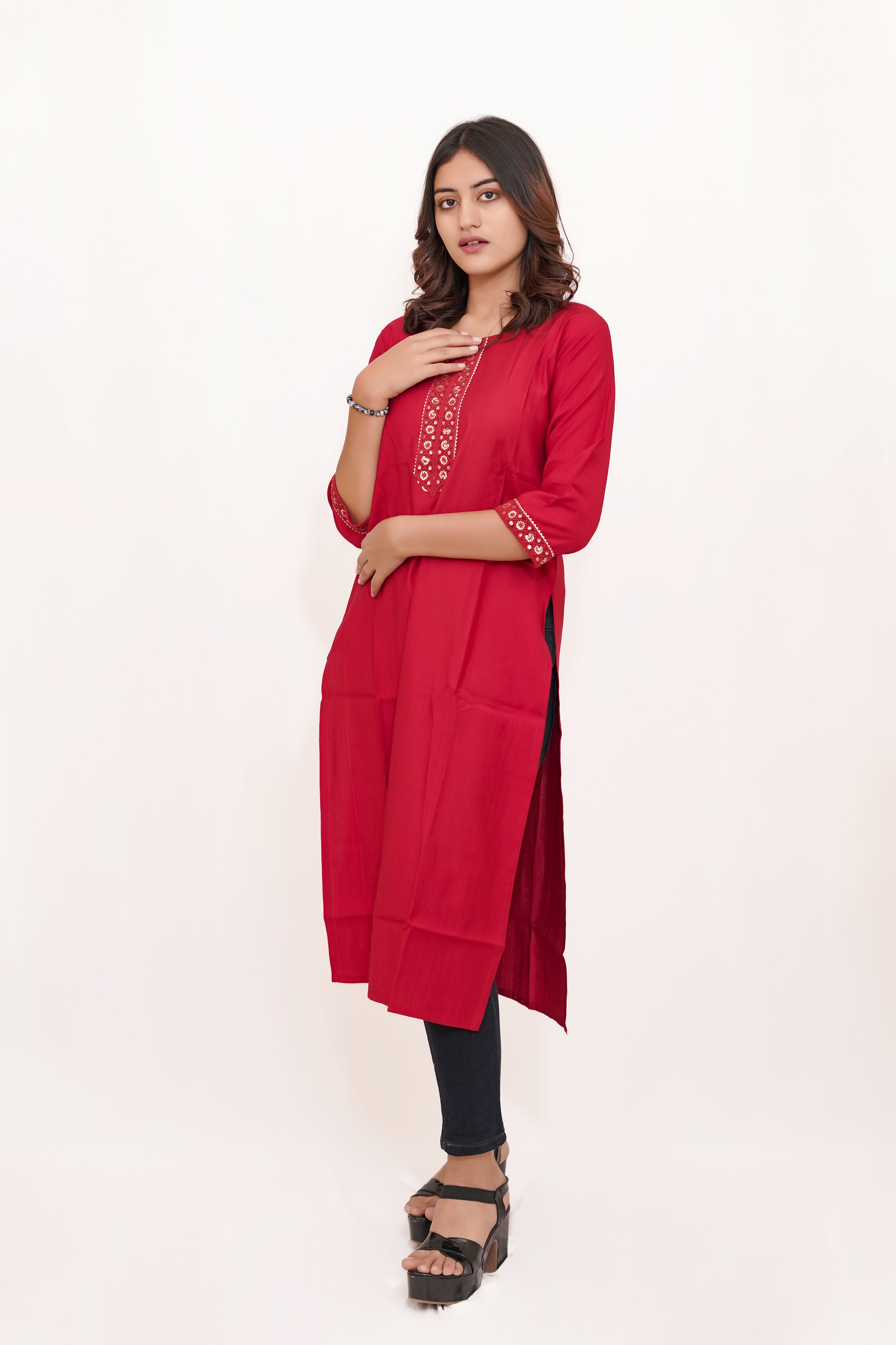 Red Long Kurta with Embroidered Neck