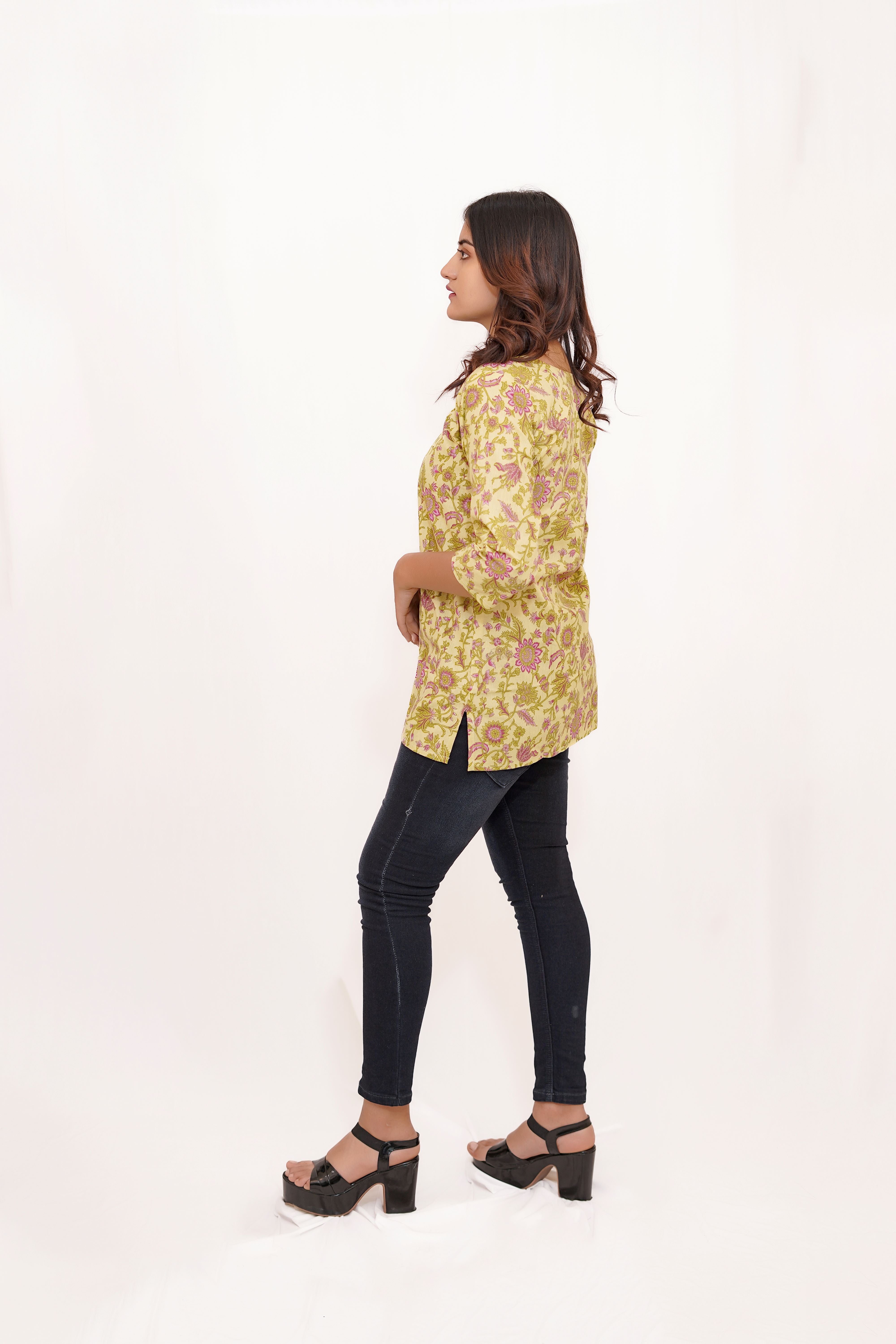 Lemon Yellow and printed Short Kurta