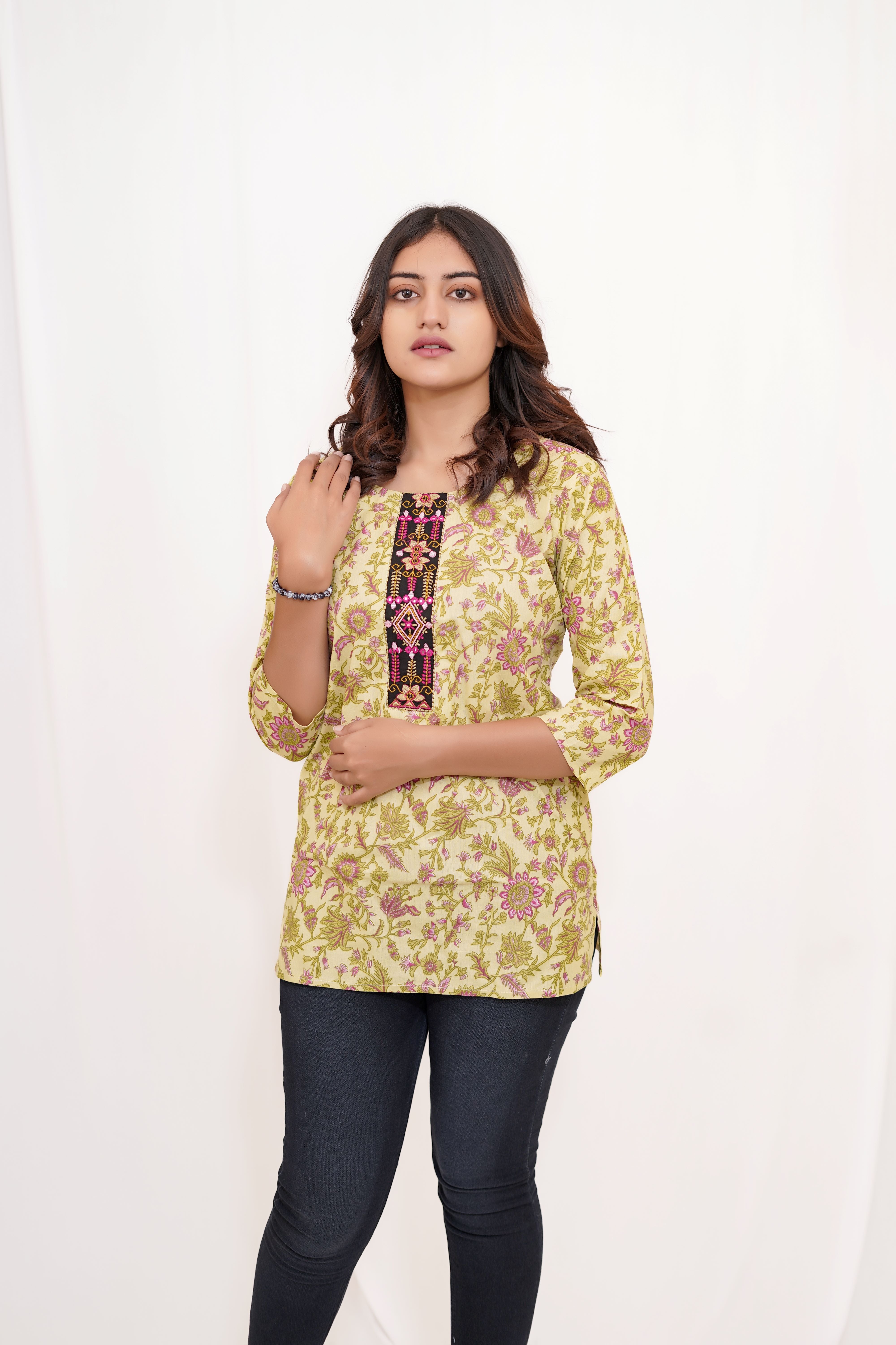 Lemon Yellow and printed Short Kurta