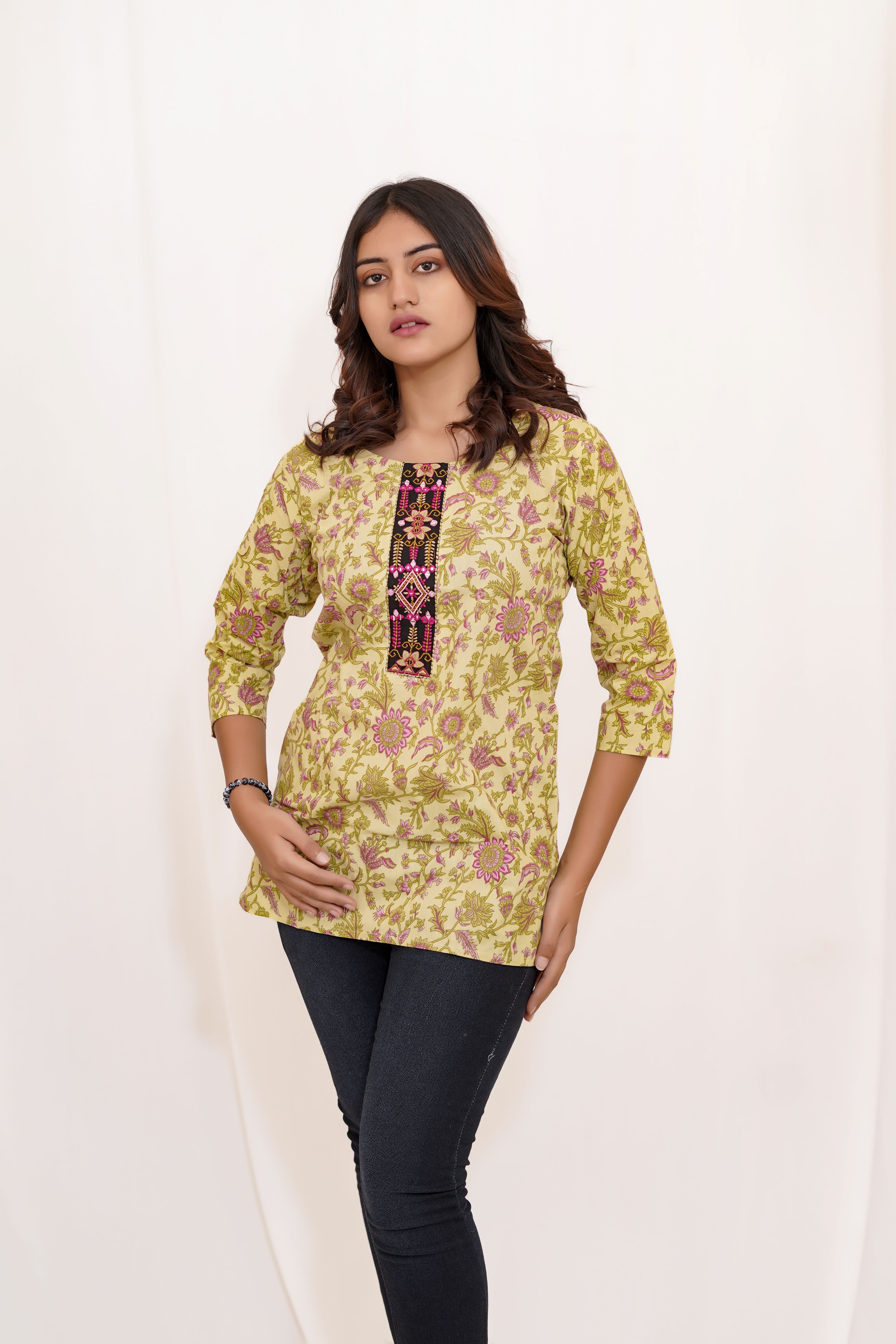 Lemon Yellow and printed Short Kurta