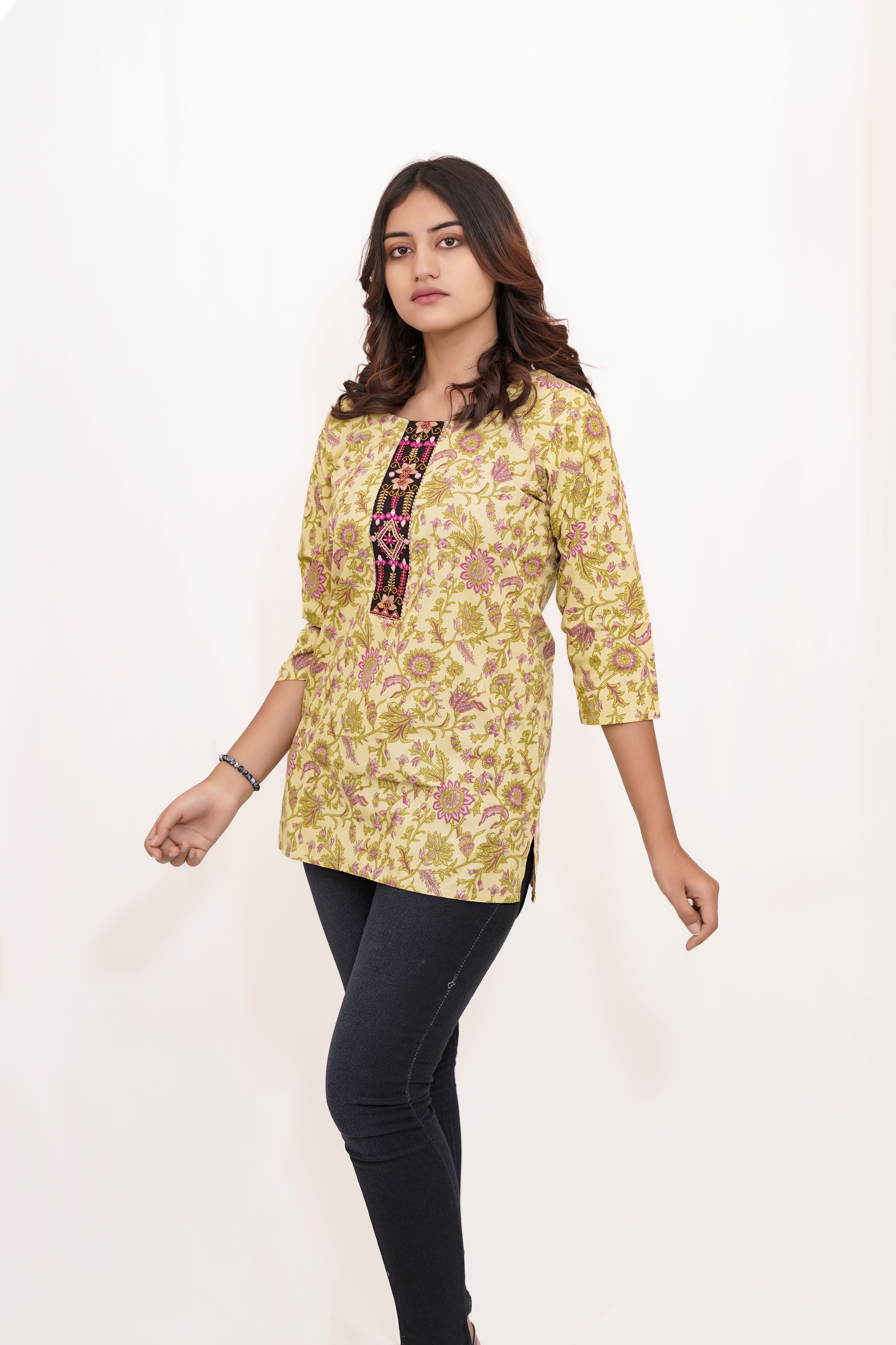 Lemon Yellow and printed Short Kurta