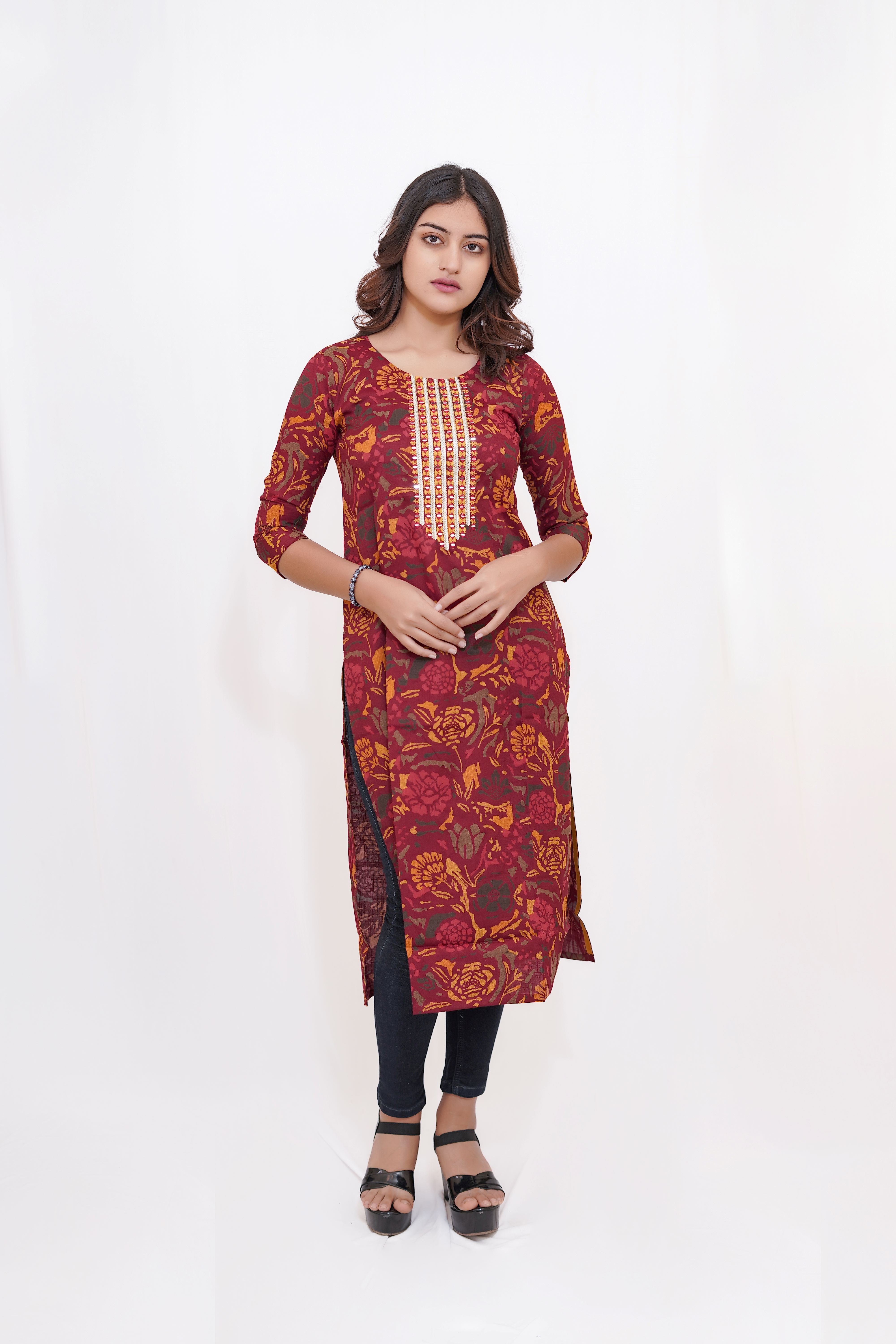 Maroon Leaf Printed Maroon Kurta