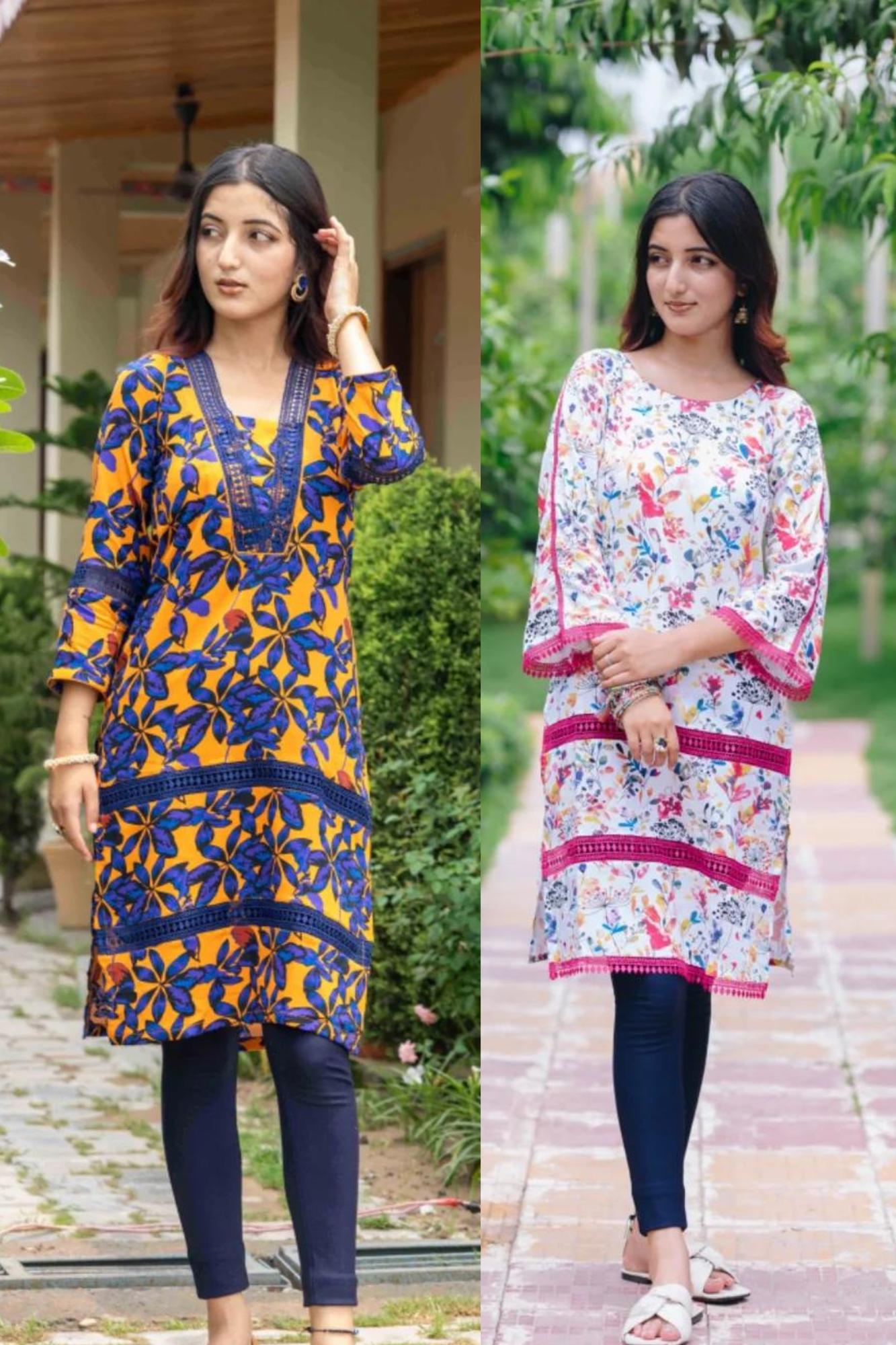 BLUE FLOWER KURTI + MULTICOLOURED FLOWERED KURTI