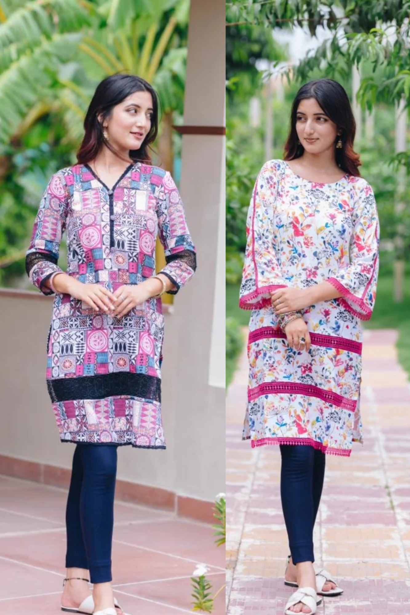 PINK BLOCK PRINT KURTI + MULTICOLOURED FLOWERED KURTI