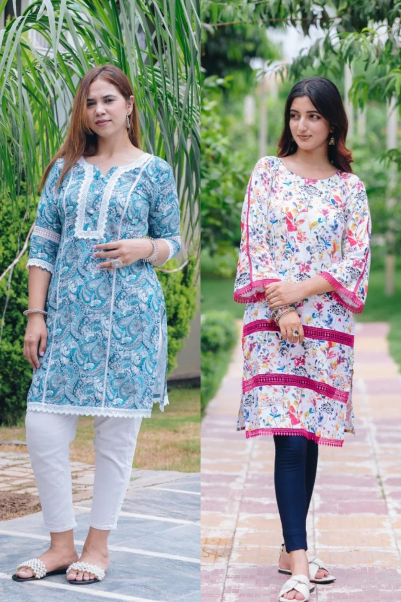 ARABIC DESIGN BLUE KURTI + MULTICOLOURED FLOWERED KURTI