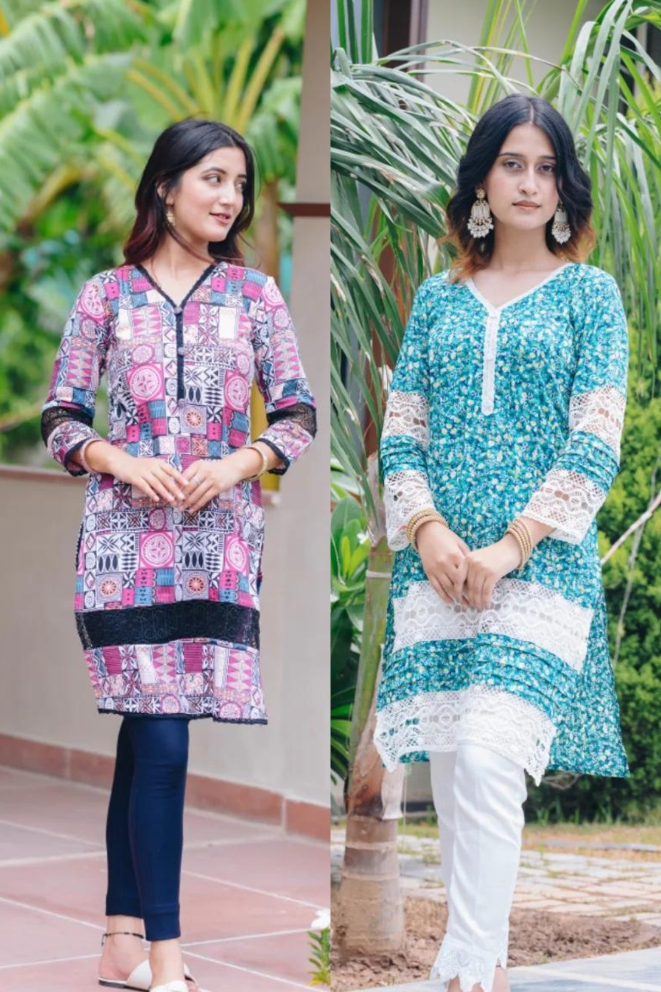 PINK BLOCK PRINT KURTI + MINI FLOWER BLUE COTTON KURTI