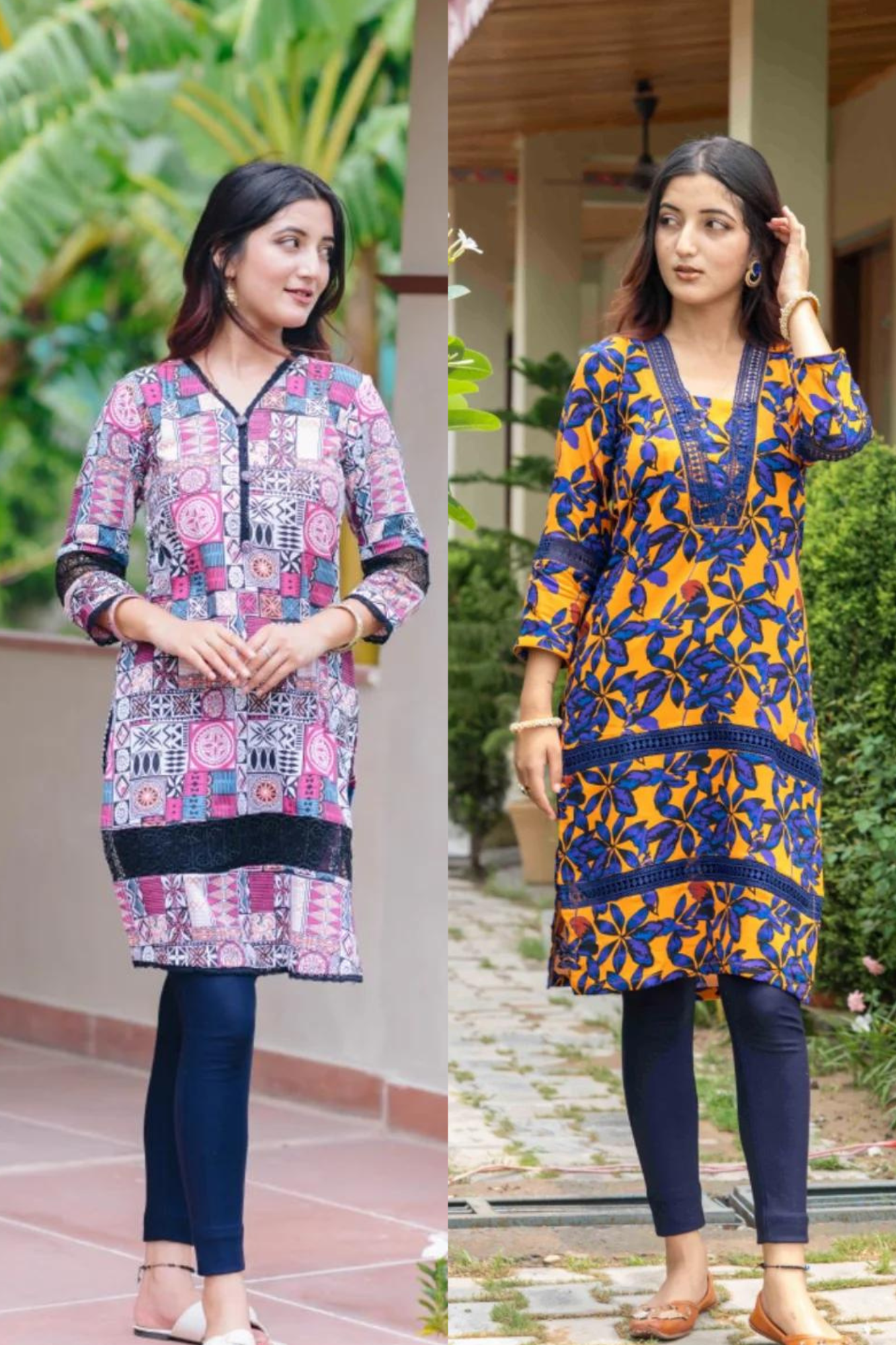 BLUE FLOWER COTTON KURTI + PINK BLOCK PRINT KURTI