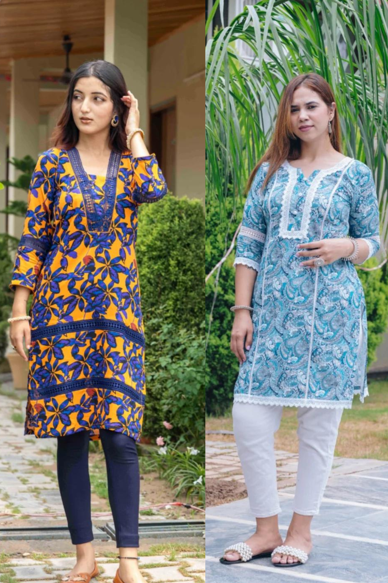 BLUE FLOWER COTTON KURTI + ARABIC DESIGN BLUE KURTI