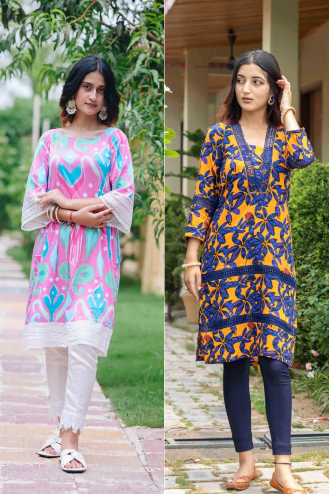 BLUE FLOWER COTTON KURTI + BABY PINK FROCK STYLE KURTI